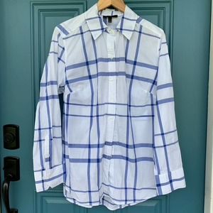 Blue and white plaid detail preppy button down blouse size 14